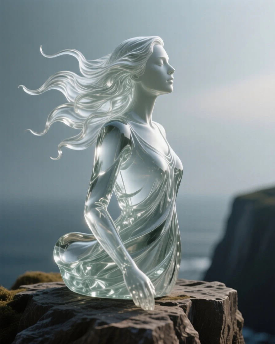 A woman with flowing hair caught in the wind on a cliffside set against a simple blurred background, dramatic side lighting carving out the features, mood tender and heartfelt.