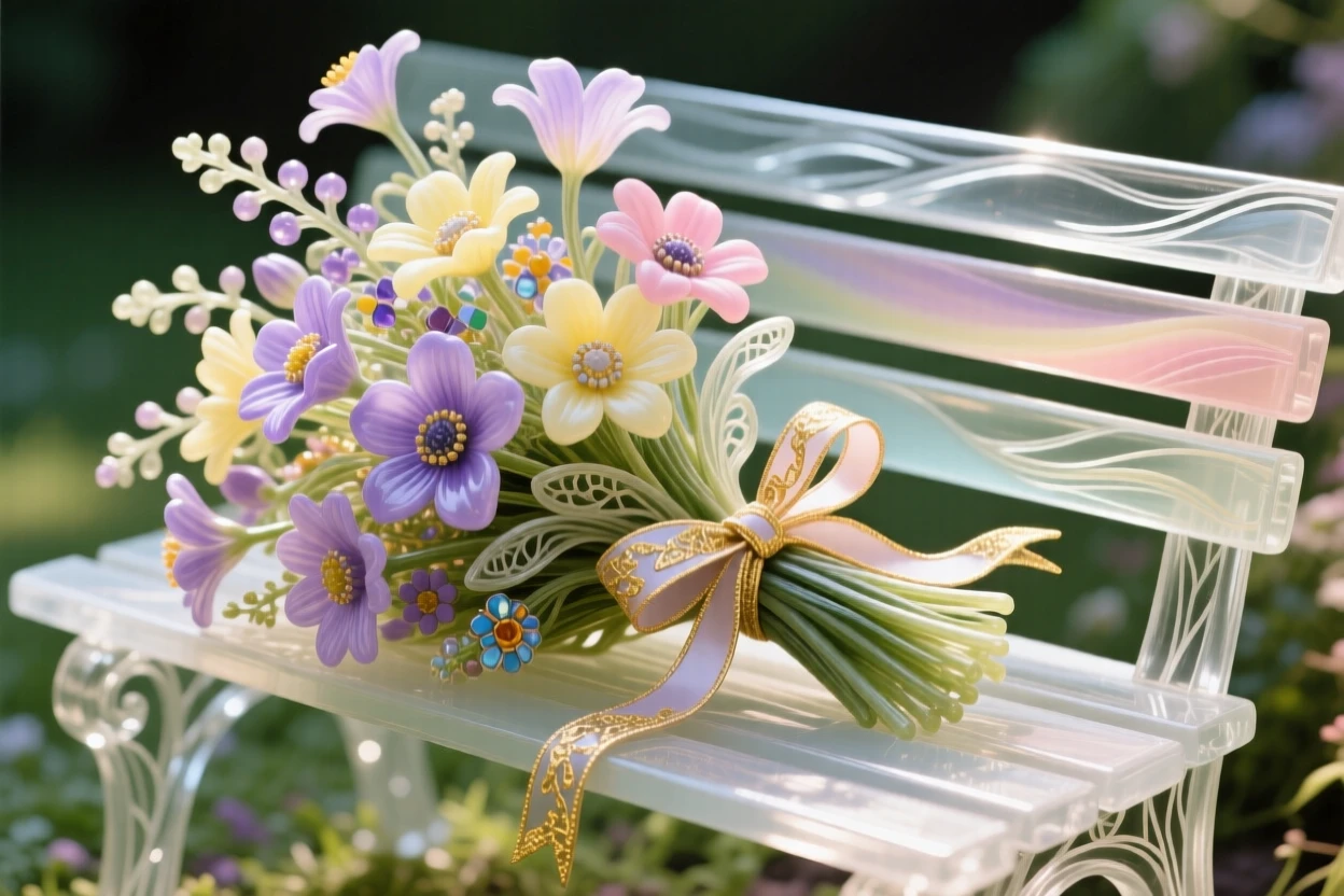 A bouquet of wildflowers tied with a ribbon resting on a garden bench, charming and rustic.
