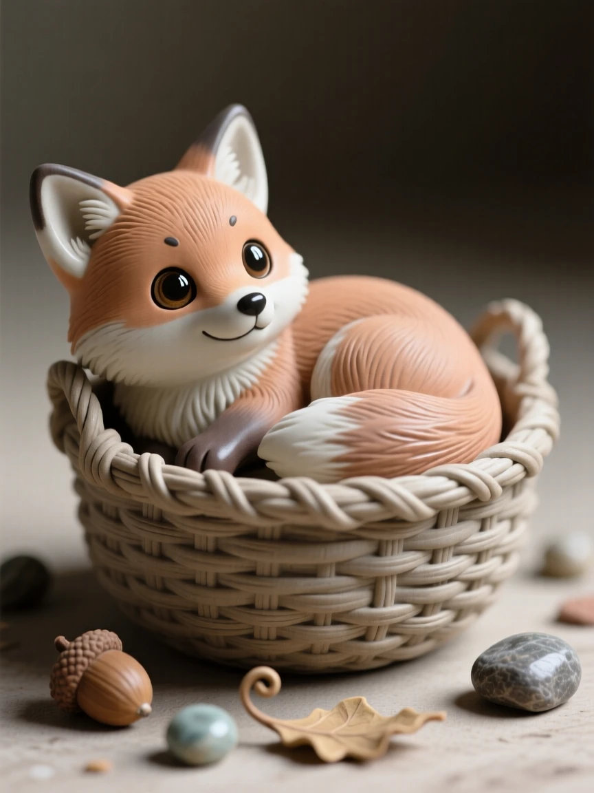 A wide-eyed baby fox curled in a basket posed with an adorably curious tilt of the head, framed by a scattering of small playful props, stirring an overwhelming urge to smile.
