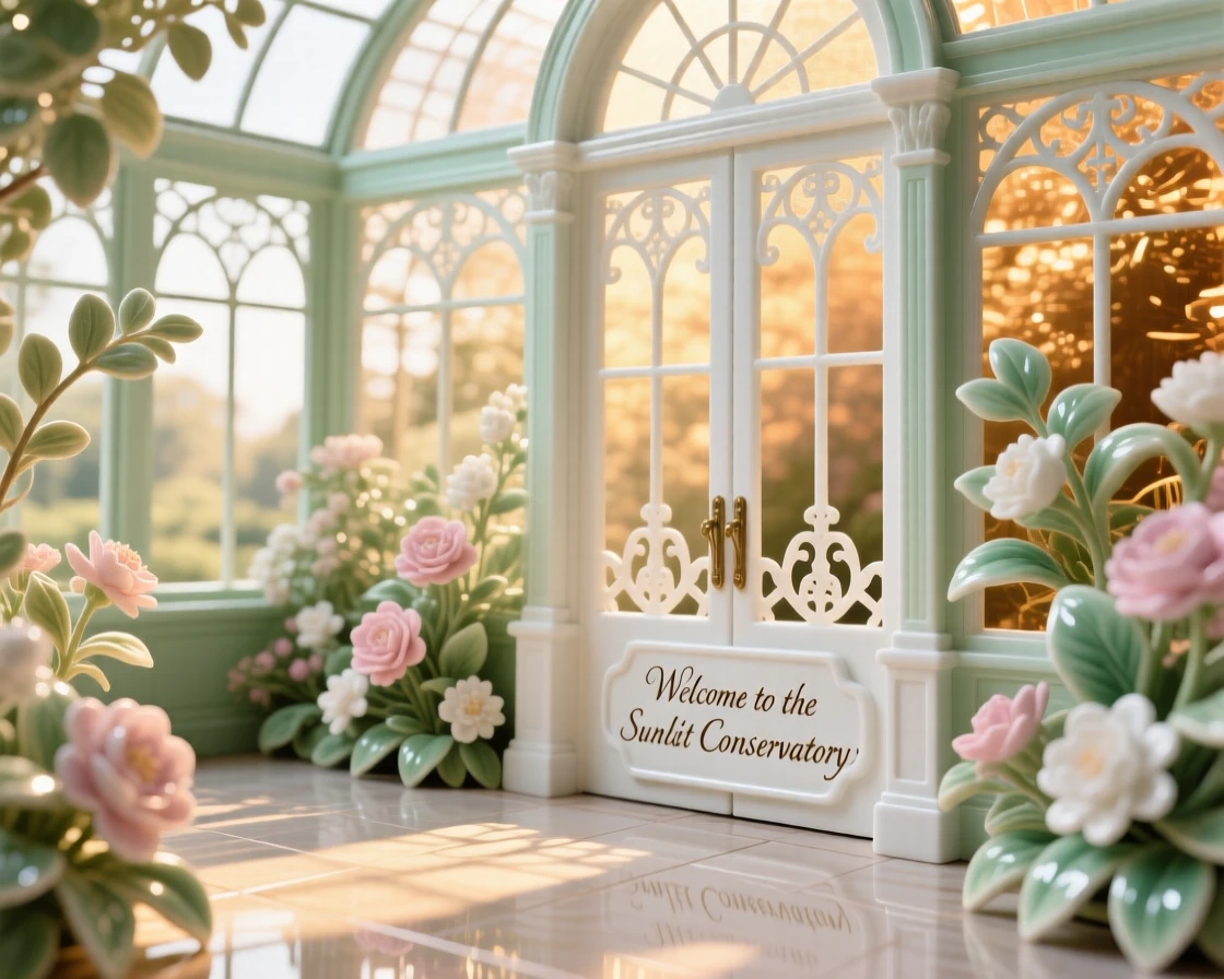 The ornate interior of a sunlit greenhouse conservatory, polished floors reflecting golden light.