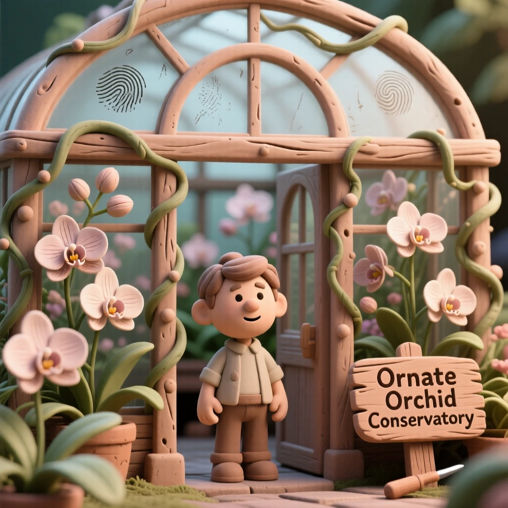 An ornate greenhouse filled with blooming orchids and vines