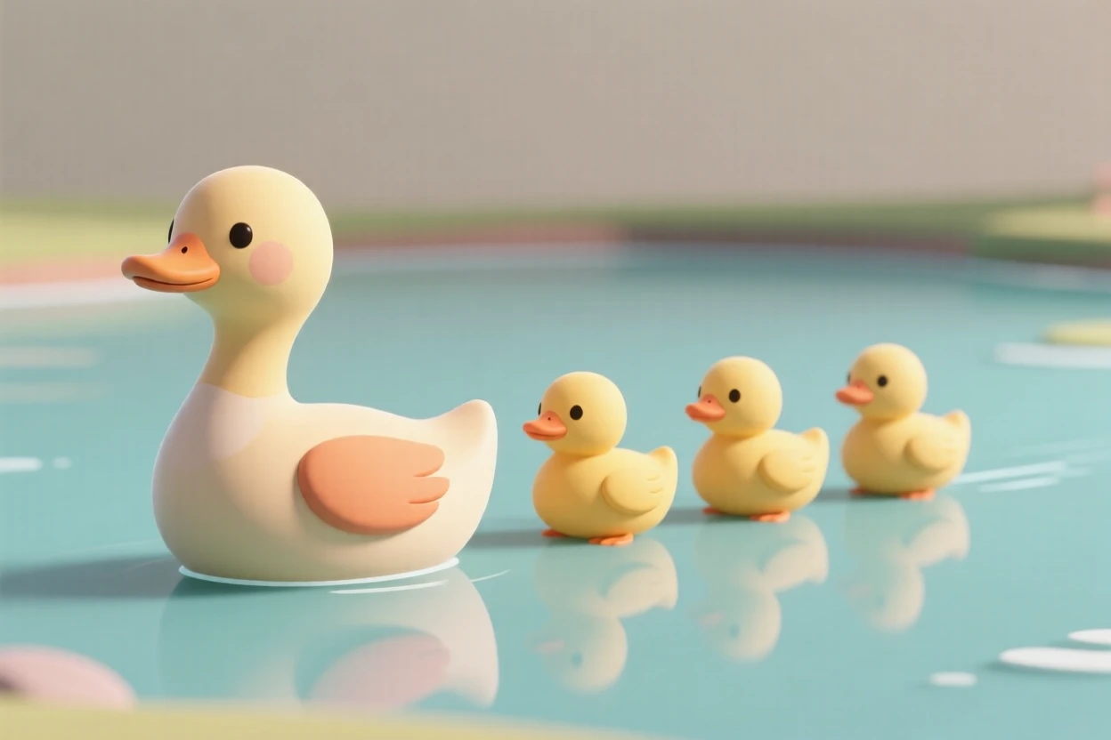 A mother duck and her ducklings paddle in a neat row across a calm, sunlit pond.