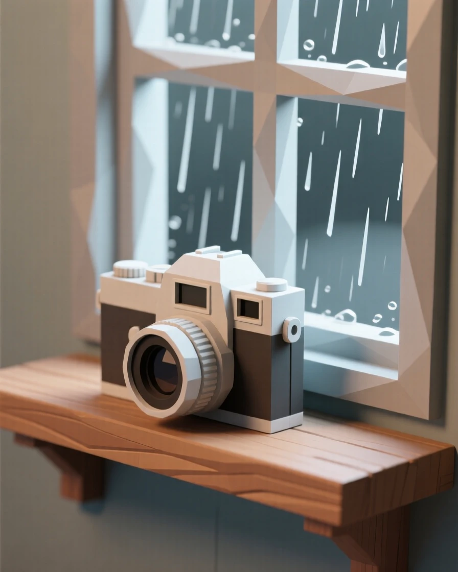 An antique camera resting on a wooden shelf, beside a rain-streaked window. muted tones give the scene a timeless quality. The atmosphere feels cozy and personal.