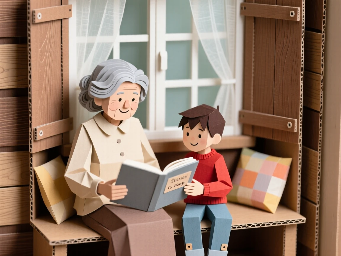 A grandmother and her grandson reading together in a cozy window nook, with warm golden light wrapping around them, conveying nostalgia and gentle happiness.