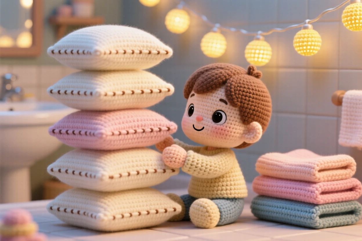 a small child building a pillow tower, with careful balance and focus, is shown stacking one more pillow on top within a warm bathroom with towels folded neatly beside a string of soft fairy lights along the wall, capturing warm familial love and simple comfort.