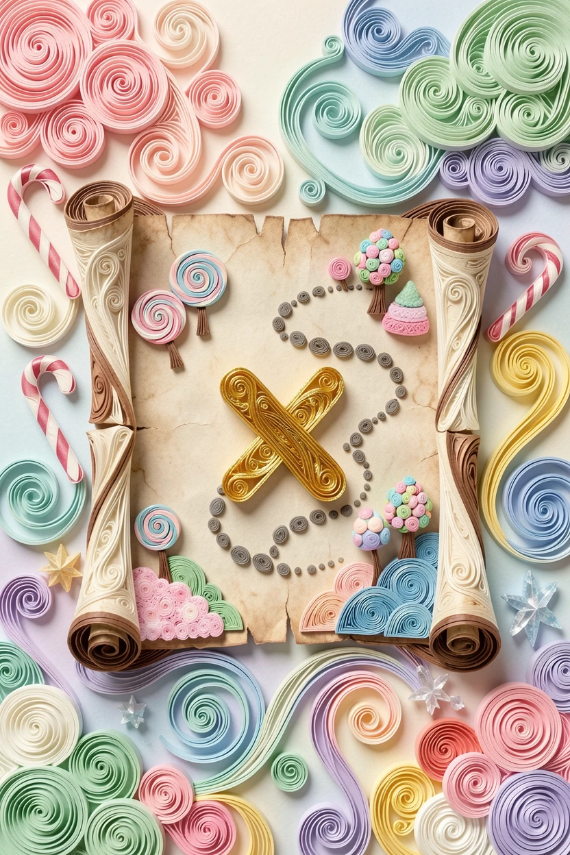 A whimsical children's scene of a child's treasure map leading to an X marked in gold in a candy-colored dreamland, in a playful pastel color scheme, arranged with a joyful sense of motion and energy.