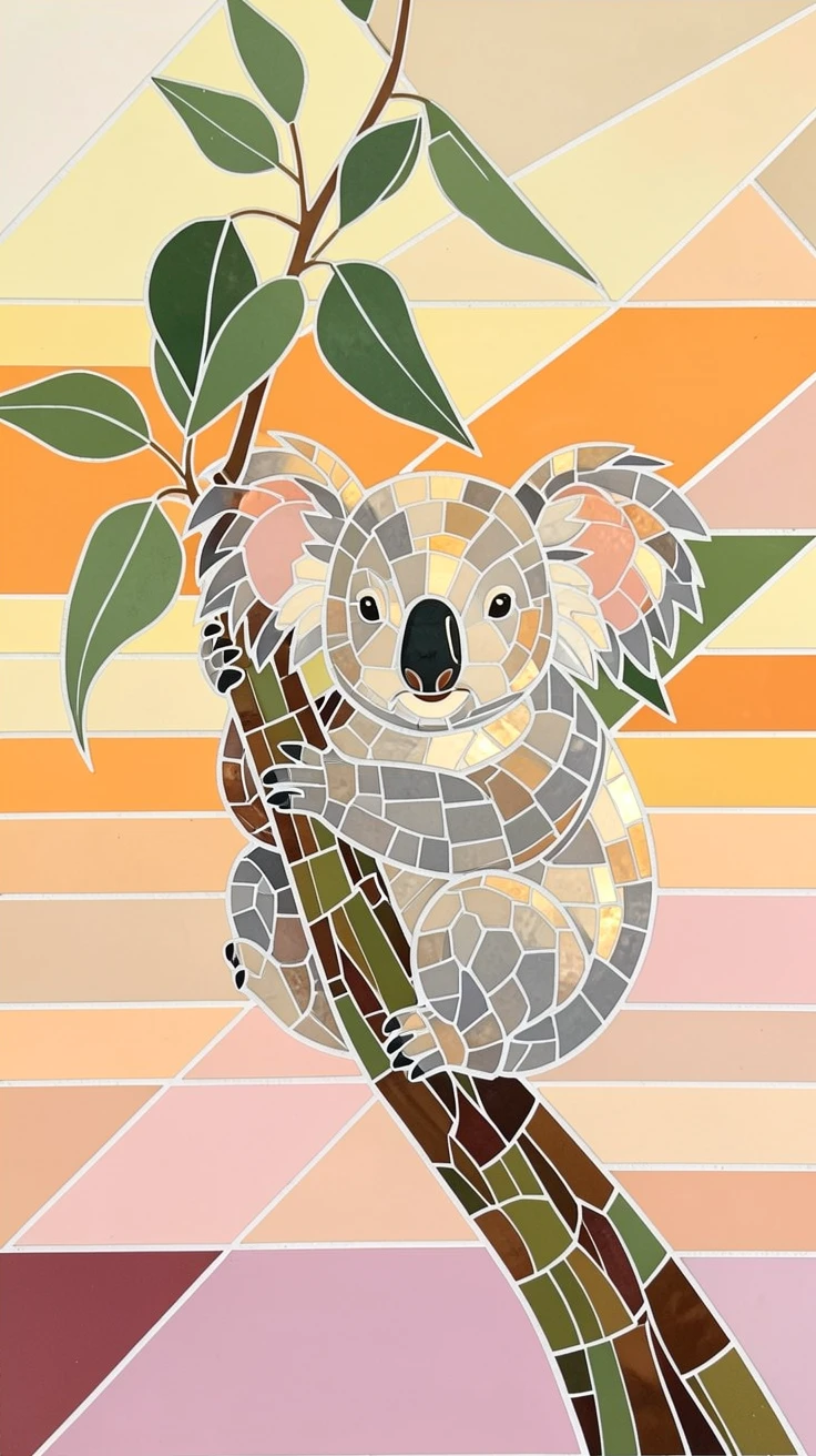 A koala clinging to a eucalyptus branch at sunrise.