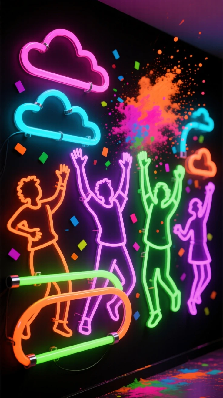 A vibrant Holi festival crowd throwing colored powder into the air.