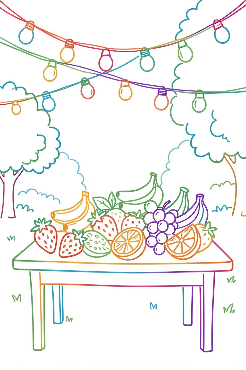 A summer garden party with string lights and a table of fresh fruit.