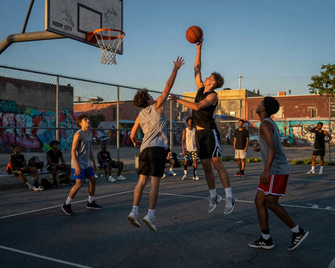 A game of street basketball under fading evening light
