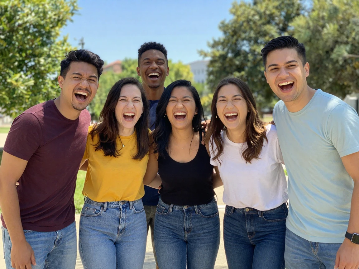 A group of friends breaks into unexpected laughter while trying to take a serious photo.