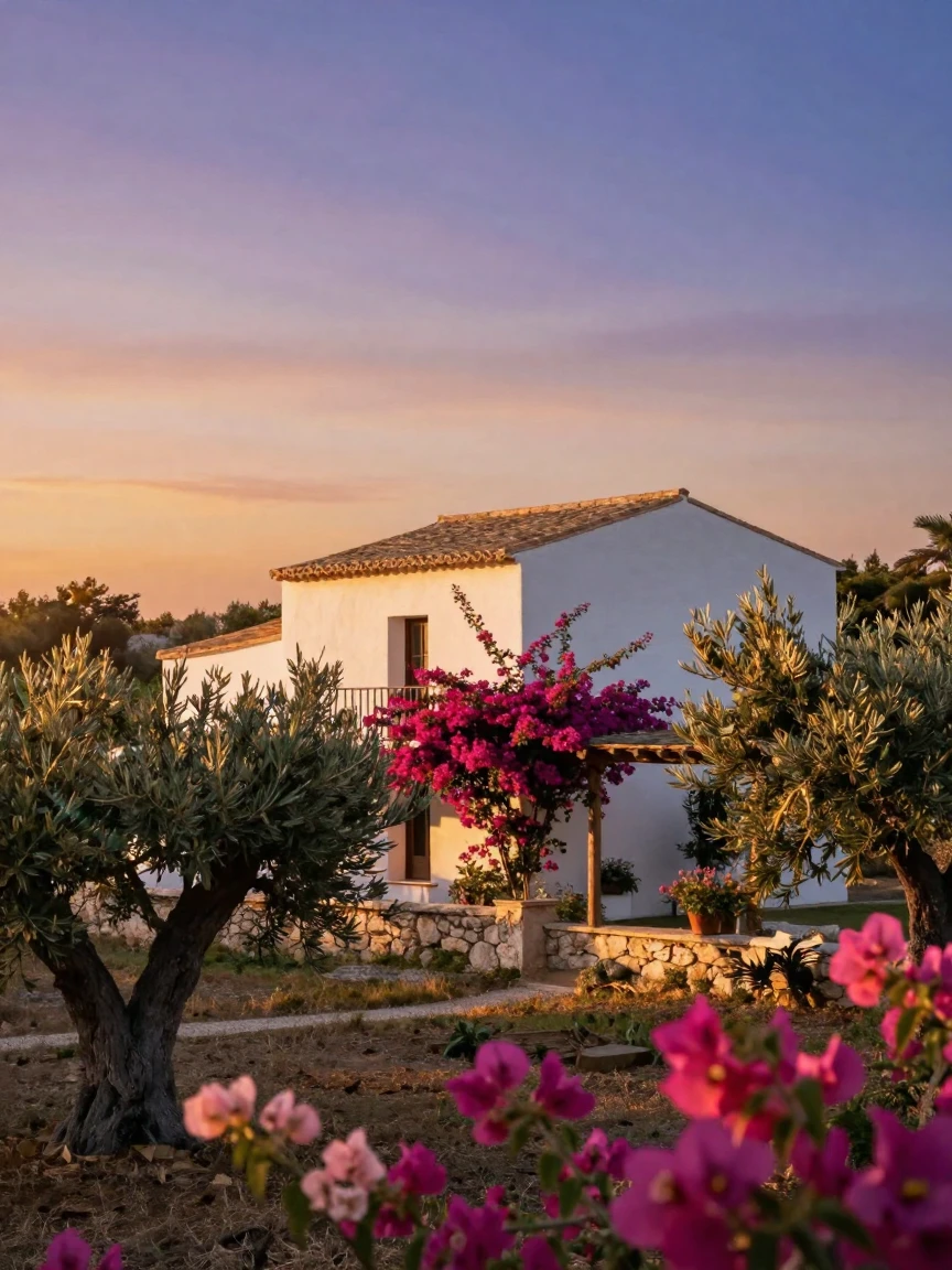 A whitewashed Mediterranean villa surrounded by olive trees and blooming bougainvillea