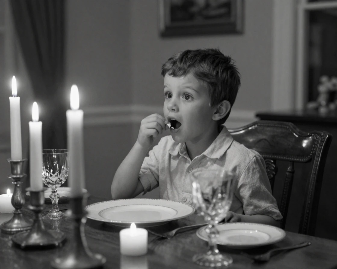 A little boy loses his first tooth at the dinner table at a candlelit dinner table.