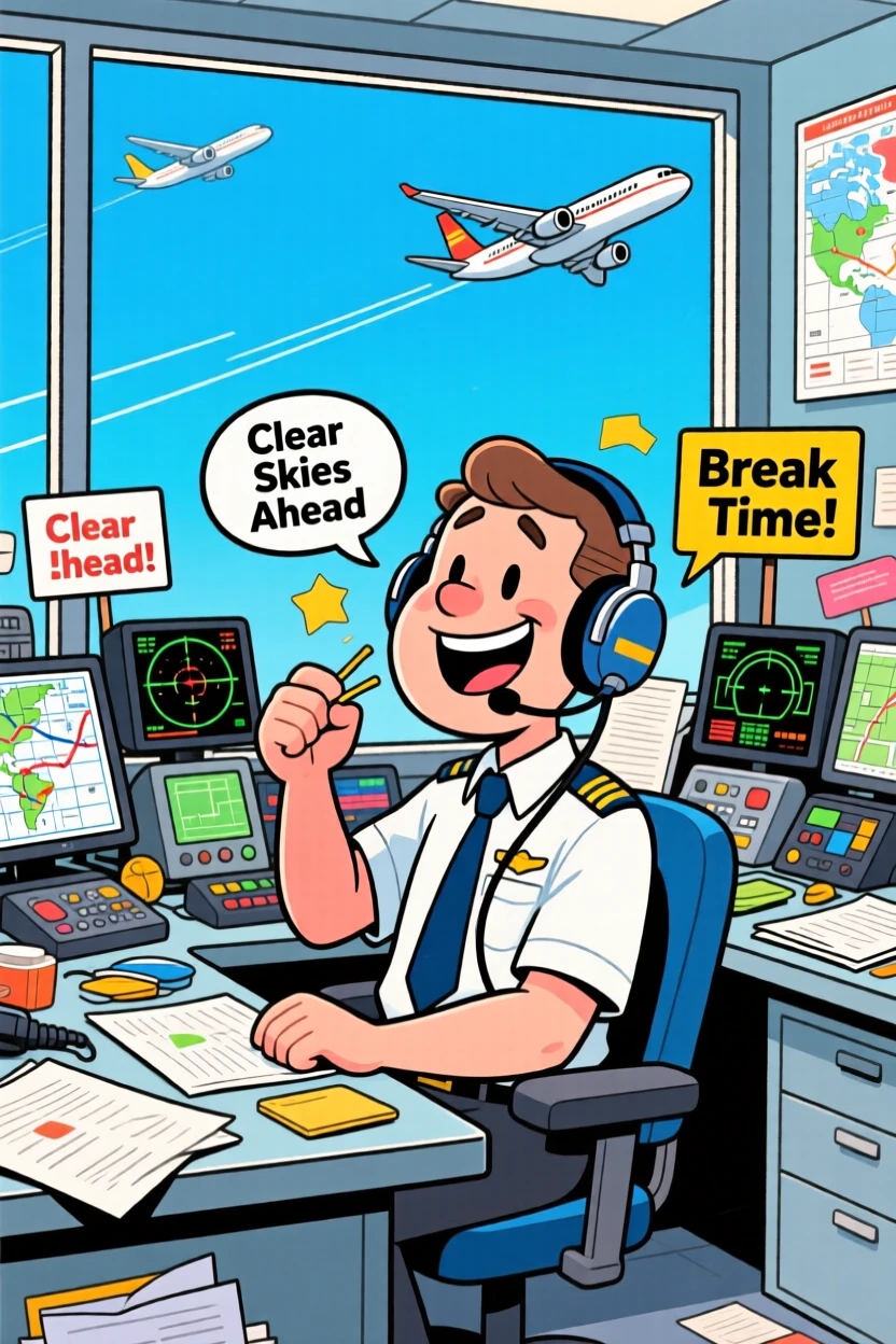 A vibrant profession-themed portrait of a busy air traffic controller taking a well-earned break with a proud grin, surrounded by charts, gadgets, and paperwork.