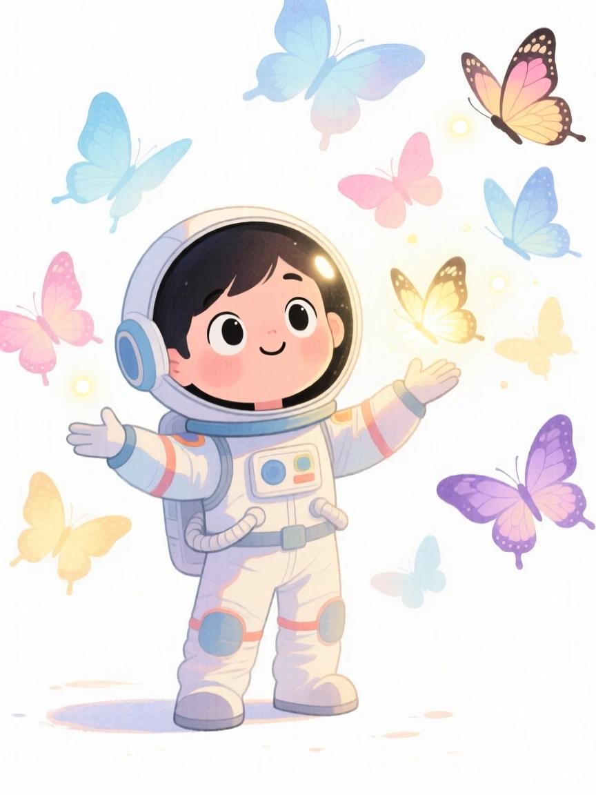 A space explorer summoning a flock of glowing butterflies