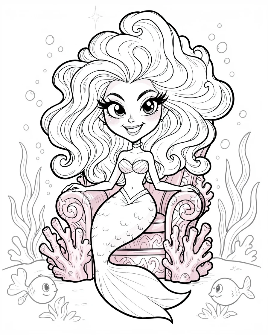 [Fantasy & Imaginative Scenarios] Imaginative fantasy scene of a mermaid princess holding court in a glittering coral throne room, brimming with wonder