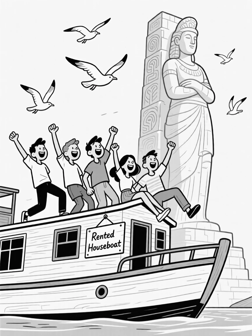 A group cheering atop a rented houseboat, leaning back just a little too far for safety, set in front of a towering ancient monument. Seagulls circle hopefully overhead. It radiates wanderlust and the fun of getting a little lost.