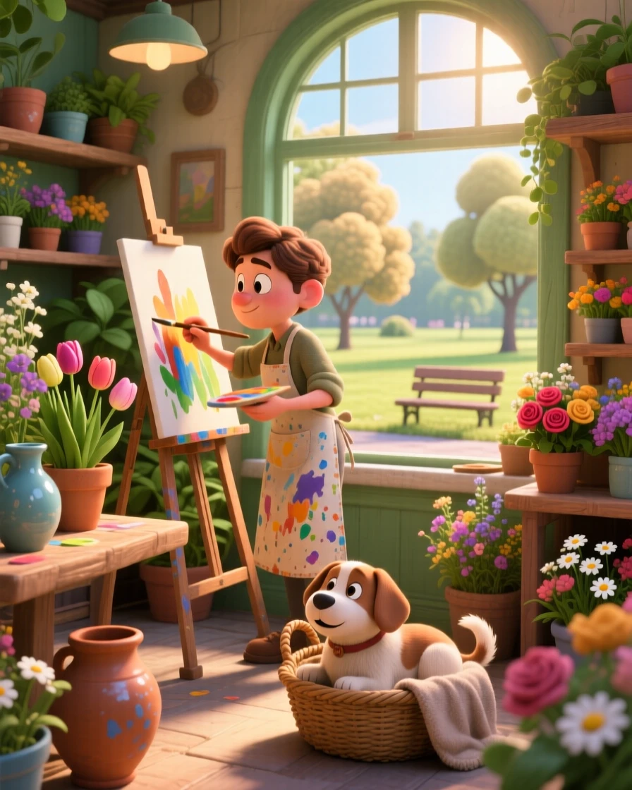 A painter working at an easel in a park is captured inside a small flower shop filled with color, with a friendly dog resting nearby. A quiet, wholesome charm lingers over the moment.