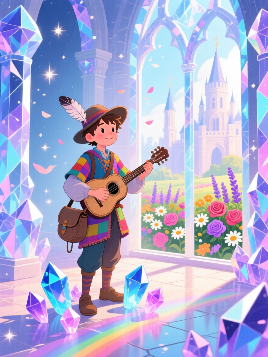 A wandering bard is guarding a treasure of glowing crystals in a castle made of crystal, while a gentle breeze carries the scent of flowers.