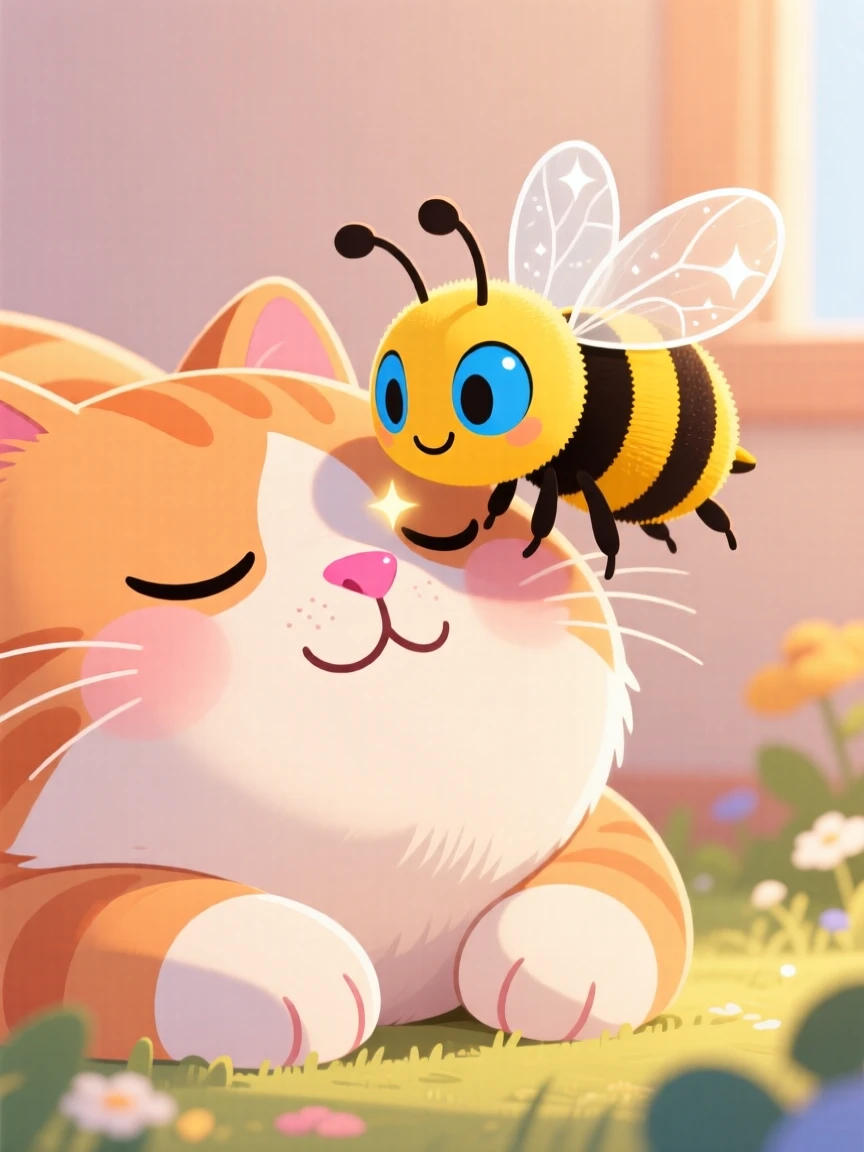 A honeybee landing gently on a sleeping cat's nose.