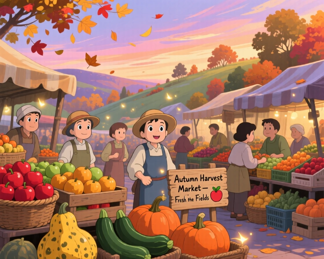 A autumn scene of a farmer's market stacked with apples and gourds, under a sky streaked with color.