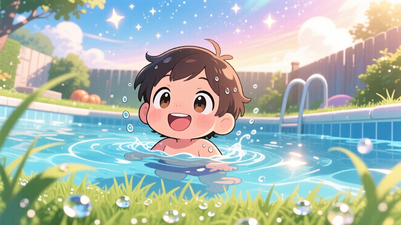 Worm's-eye view of a child, swimming happily in a sunlit pool, in a backyard summer pool, as morning dew glistens on the grass, illuminated by sparkling starlight, radiating quiet contentment.