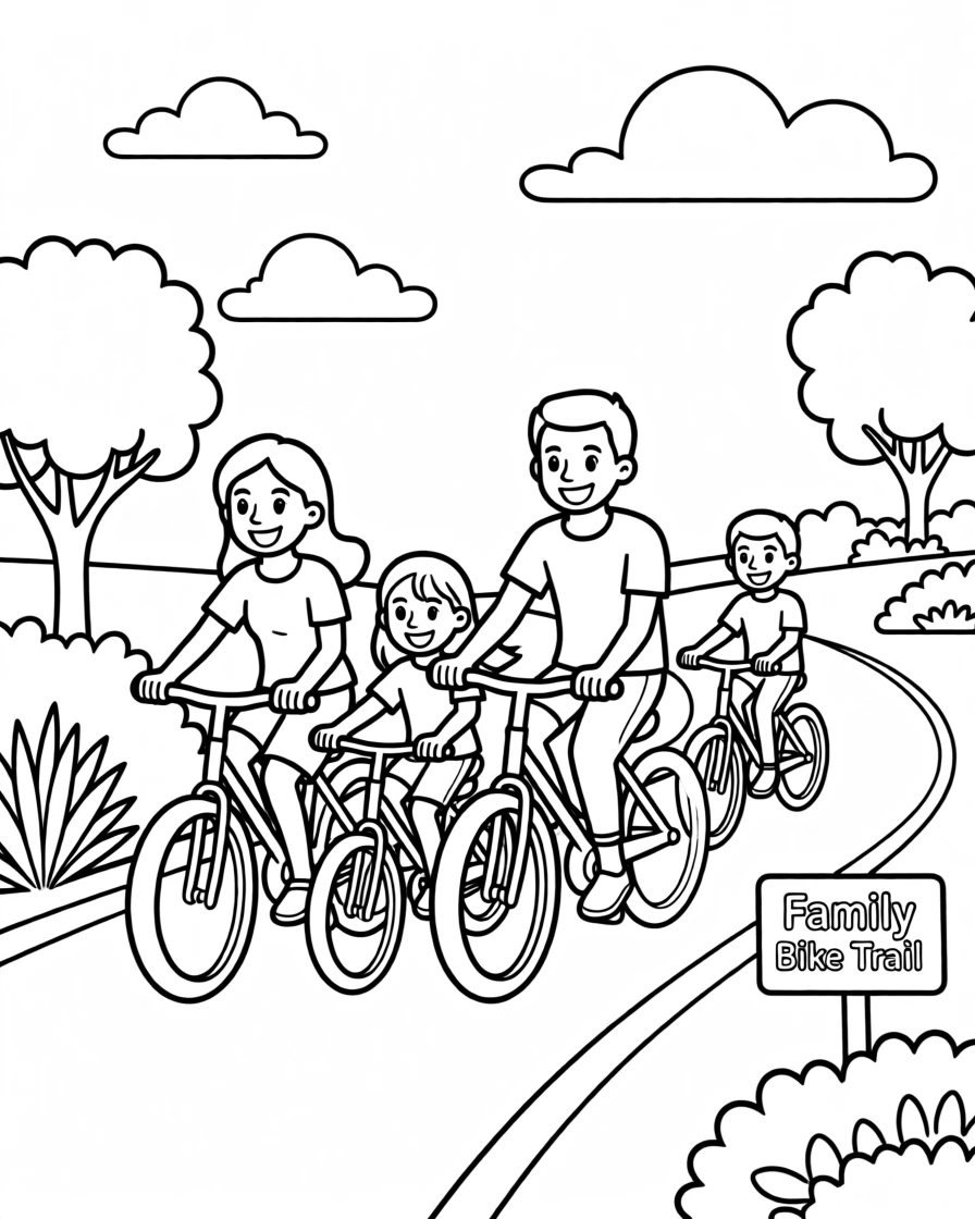 A family riding bicycles together along a scenic trail