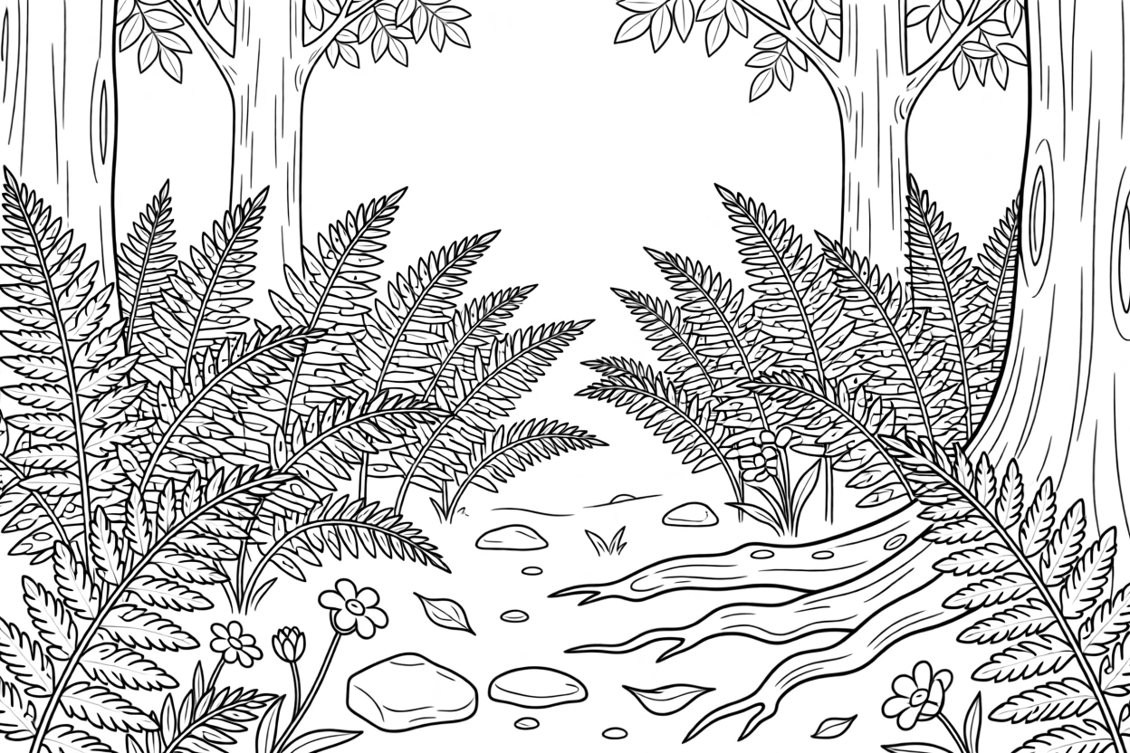 A fern-covered forest floor dappled with light, with tiny water droplets clinging to every leaf.