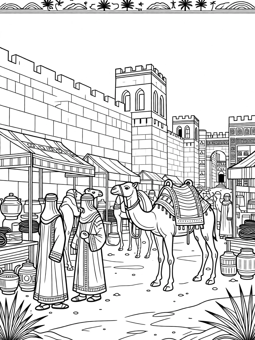 A traditional camel market beneath the walls of an ancient desert city.