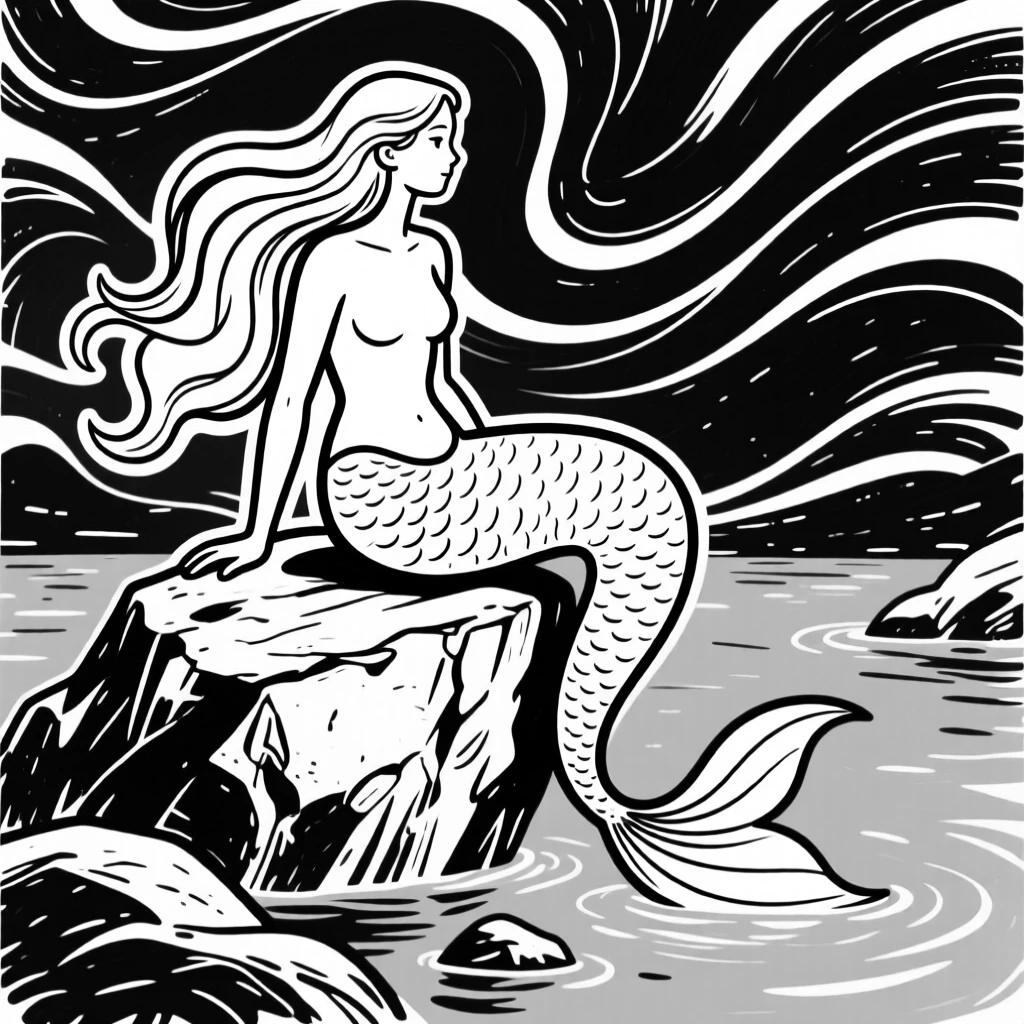A mermaid sitting on a rock at the edge of a bioluminescent lagoon.