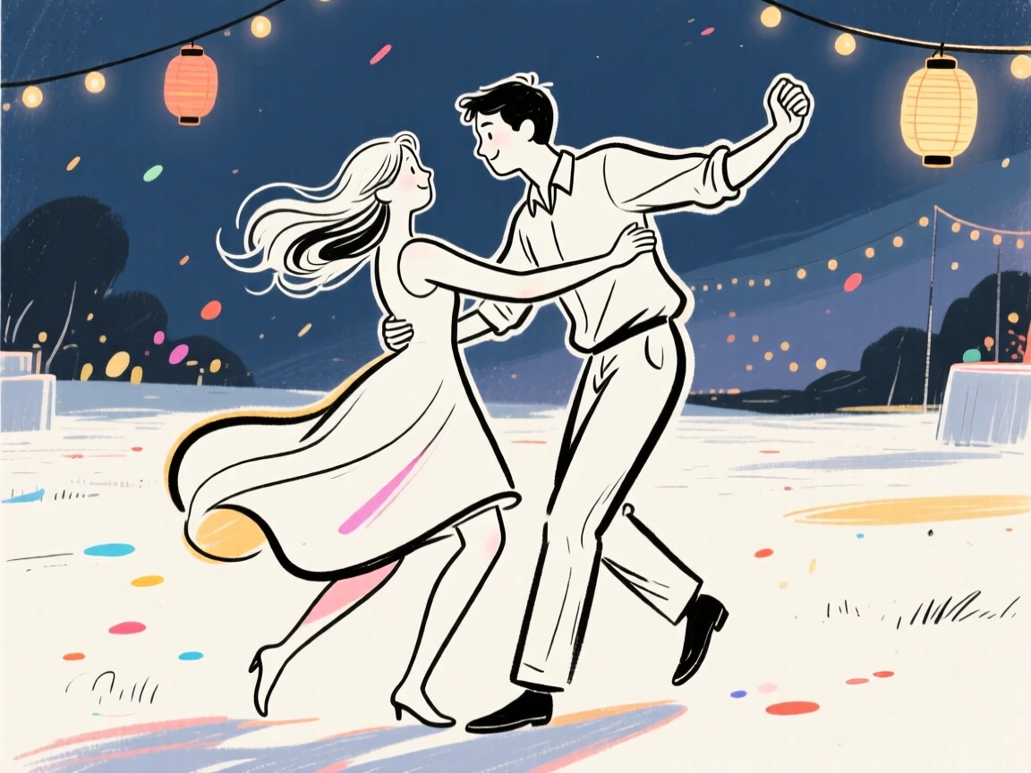 A young couple dancing together at an outdoor evening celebration.
