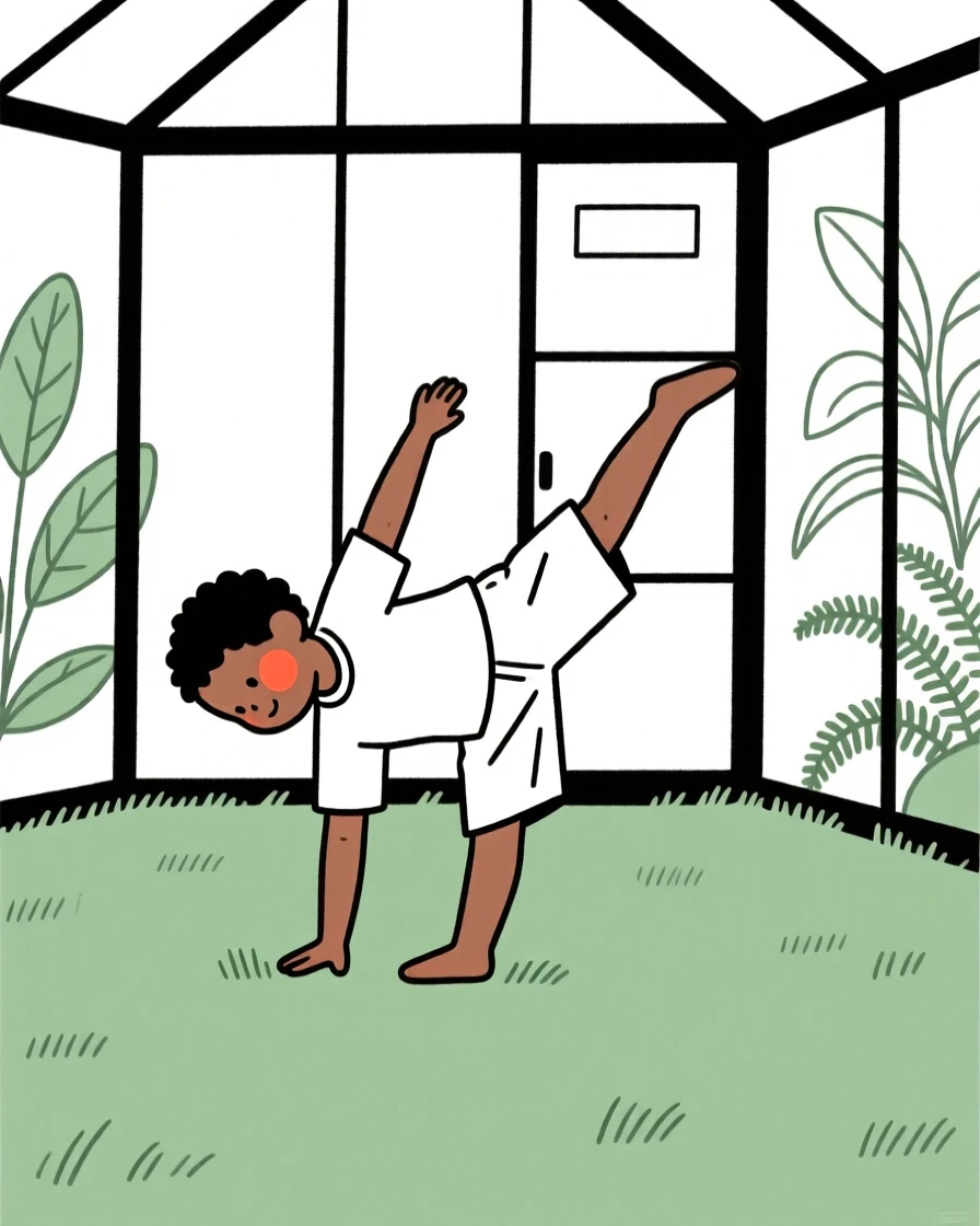 A small child of Ethiopian heritage practicing a cartwheel on the lawn, in a botanical garden greenhouse.