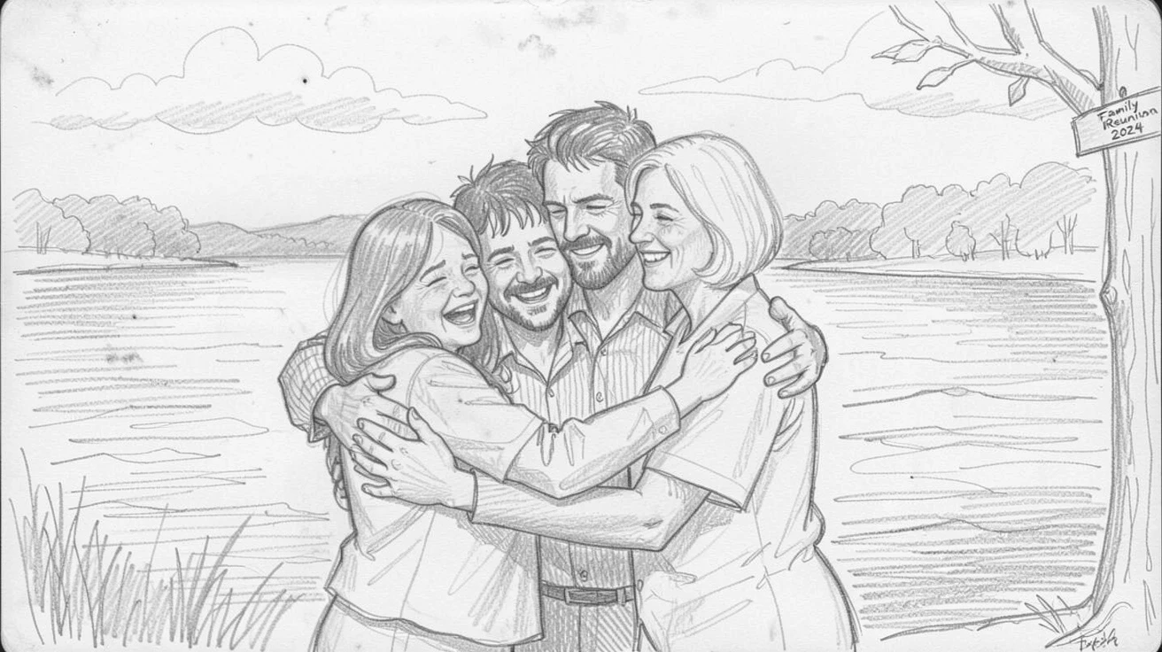 An emotional scene of a family reunion embrace after years apart beside a calm lake at sunset, filled with warmth and laughter.