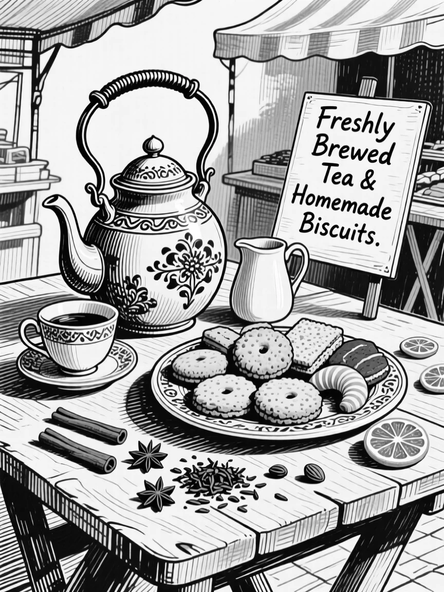 A tea set with a plate of biscuits displayed at an outdoor market stall, with a few loose ingredients scattered around, presented in a richly appetizing culinary still life.