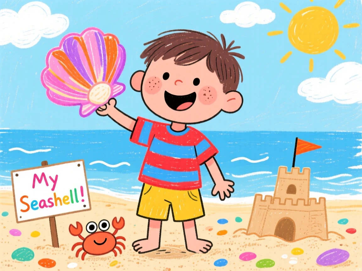 A young boy proudly showing off a seashell he found.