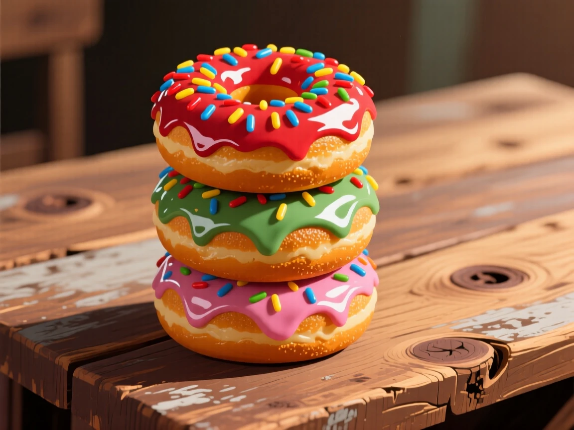 A stack of glazed donuts topped with colorful sprinkles, arranged on a rustic farmhouse table, composed with a rustic, homemade charm, with glossy highlights that make the dish look freshly made.