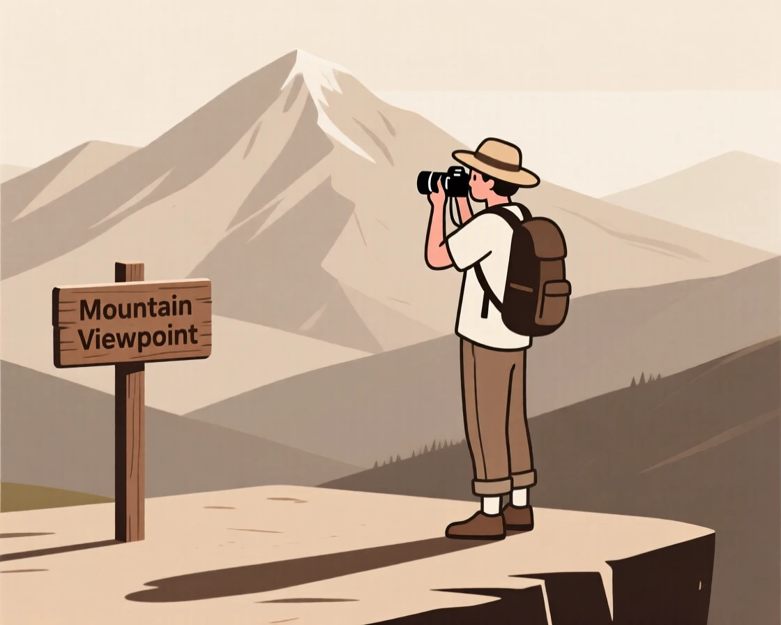 A traveler taking photos near a mountain viewpoint.