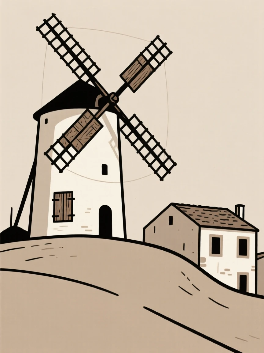 A quiet corner of a windmill on a hillside within a historic old town, featuring weathered wooden shutters, full of historic charm.