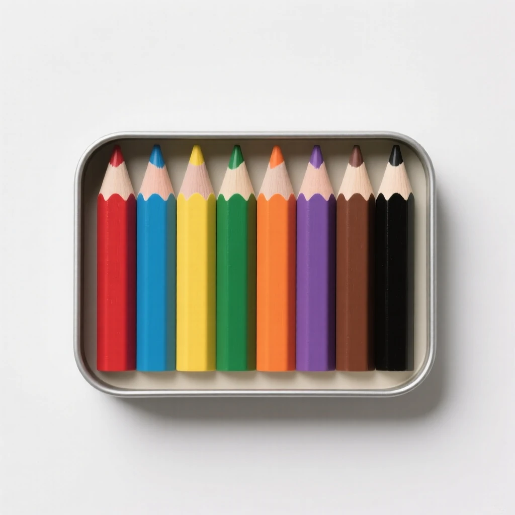 A set of colored pencils in a tin