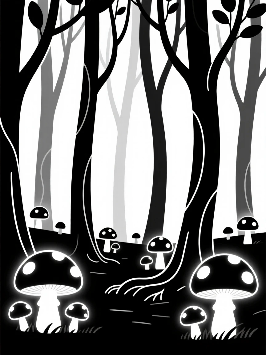 A magical forest glowing with luminous mushrooms.