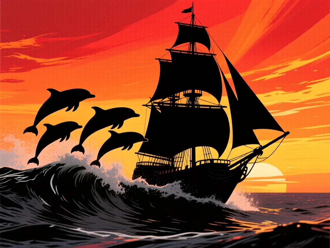 A group of dolphins riding the bow wave of a sailing ship.