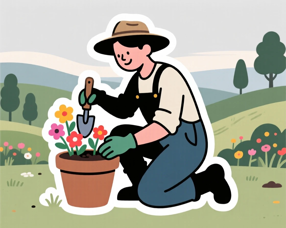 A peacefully immersed gardener planting flowers in a pot, with a look of quiet satisfaction, at a scenic outdoor location.