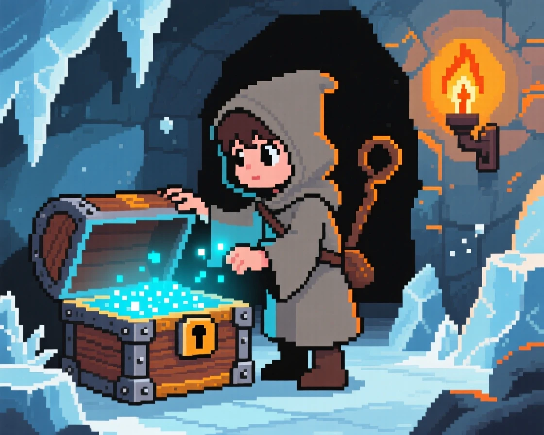 A young mage opening a treasure chest in a torch-lit room, within a frozen ice cave dungeon.