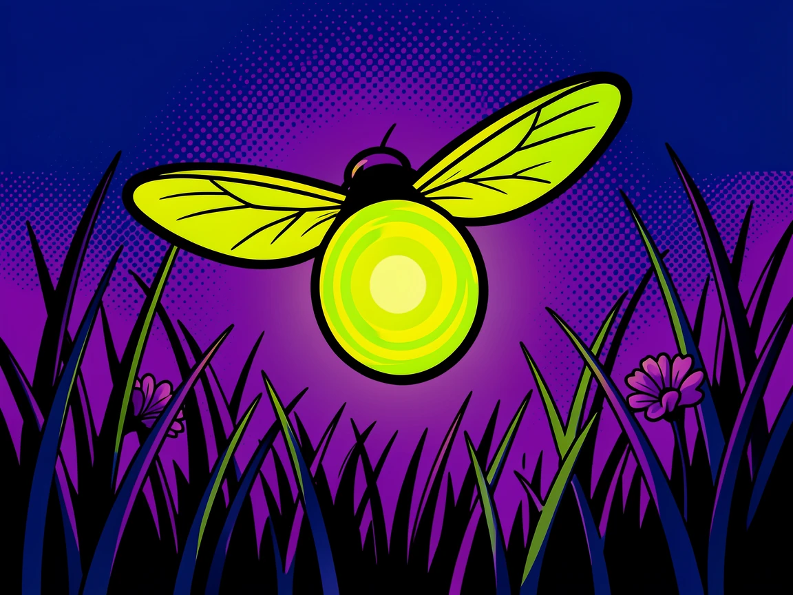 A firefly lit softly in a dark summer meadow