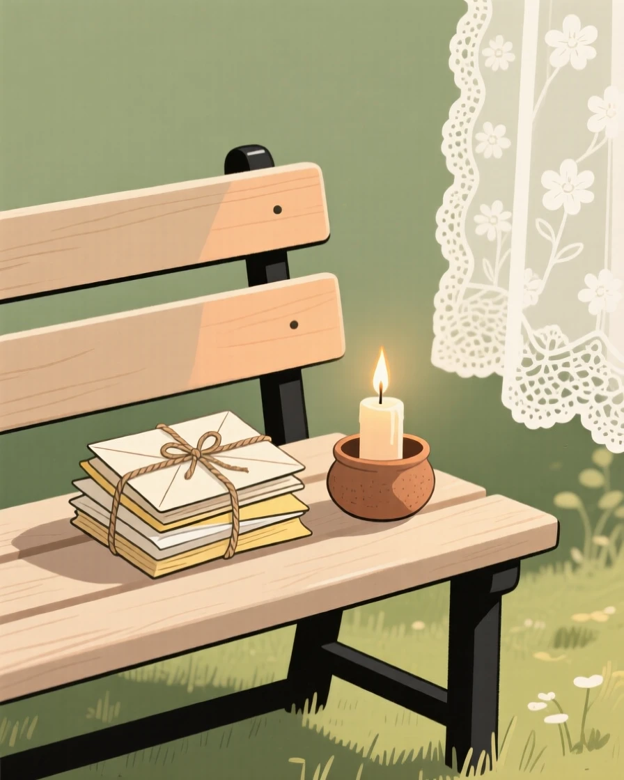 A garden bench holds a simple arrangement of a stack of old letters and a candle, lit softly by morning sun beside a lace curtain.