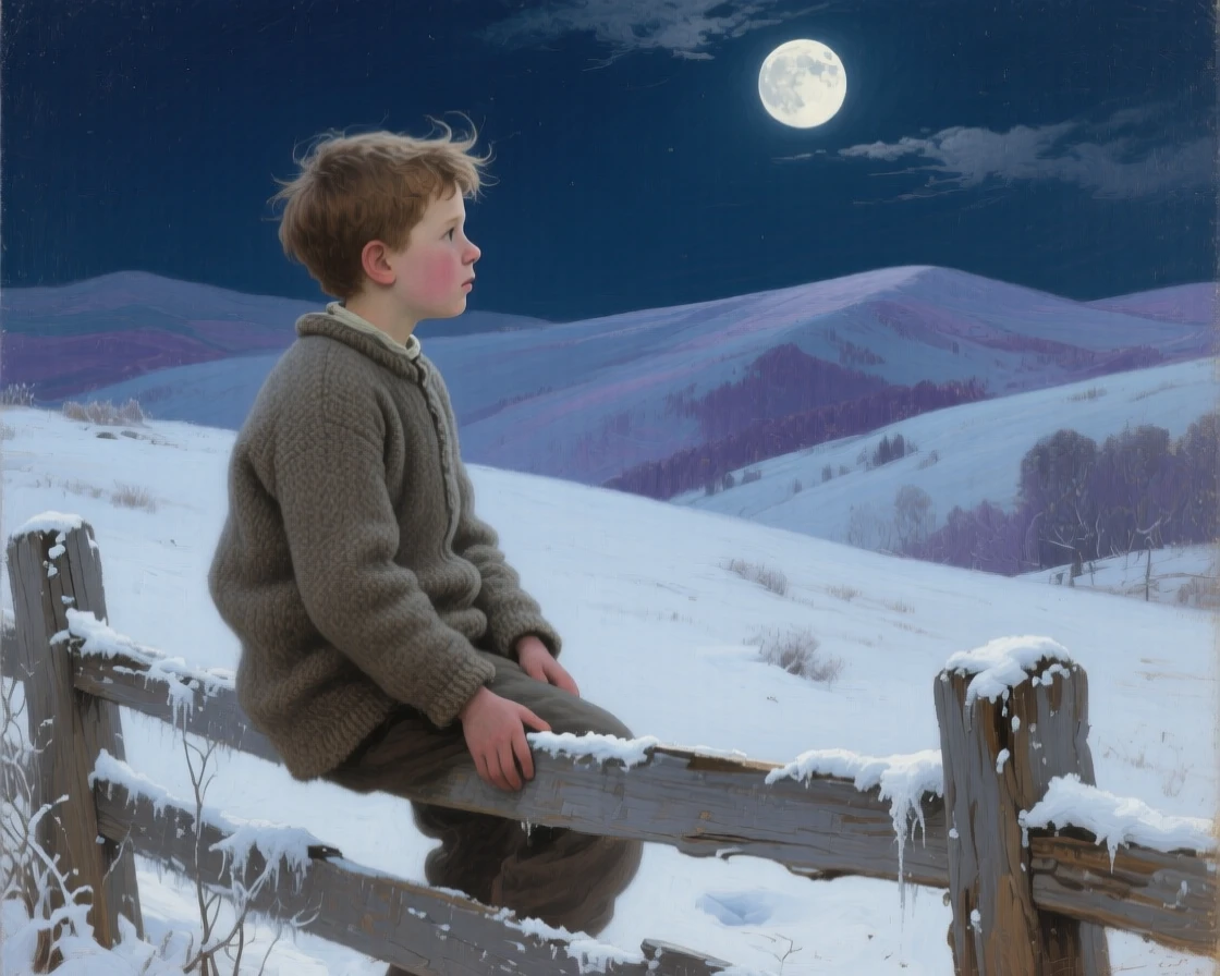 An intimate close-up of a young boy perched on a fence, gazing at distant hills, in deep winter, under a full moon.