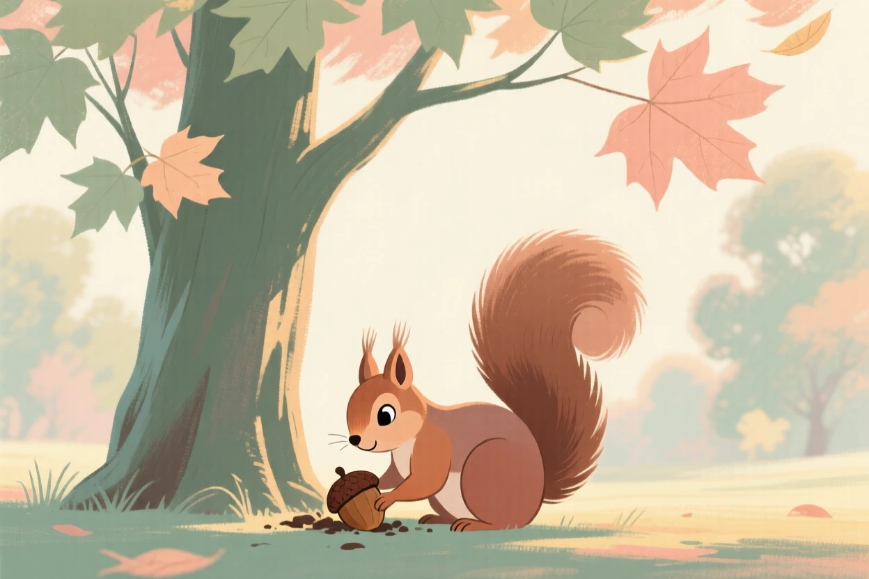 A squirrel burying an acorn beneath a maple tree