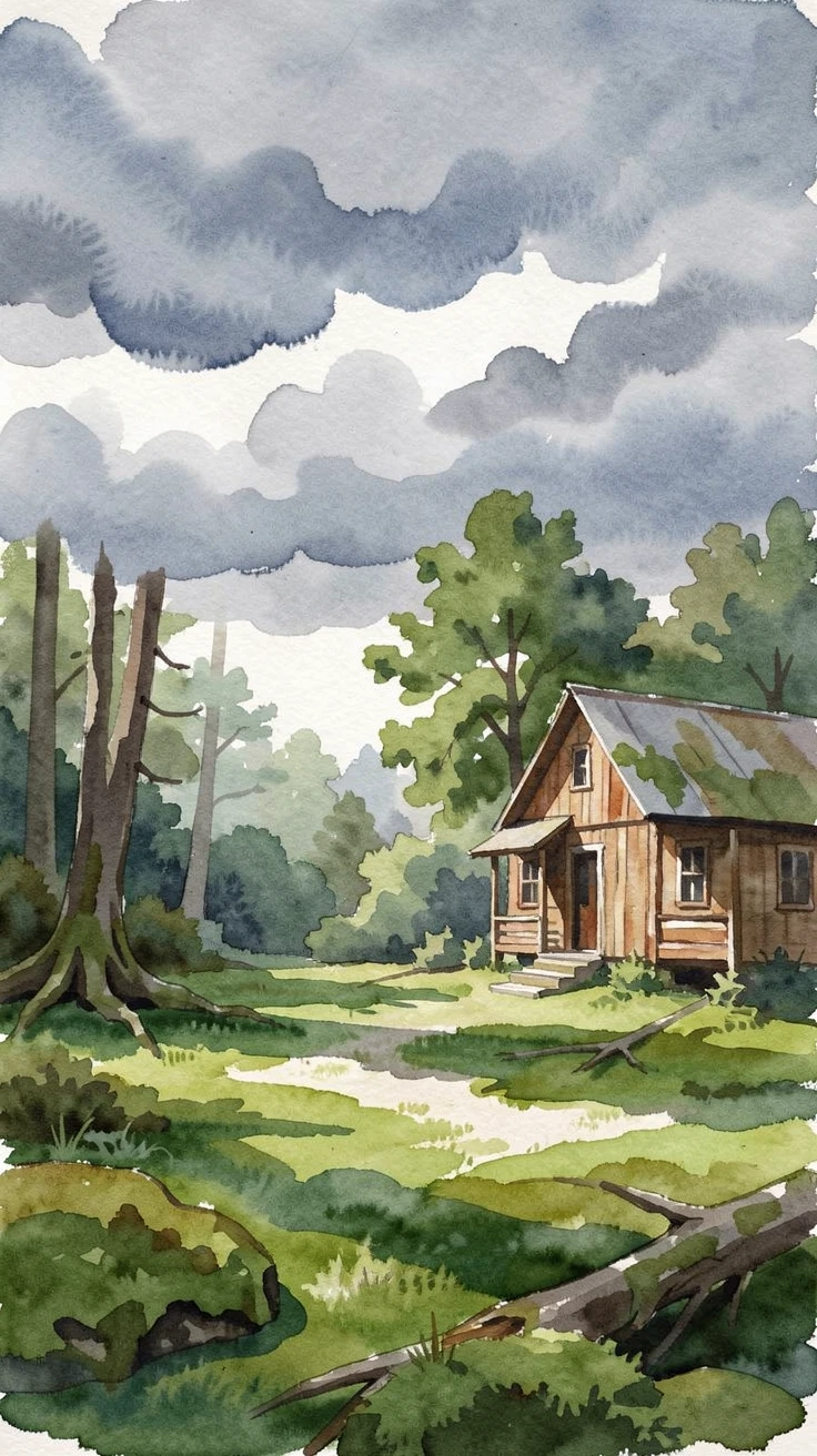A moss-covered forest floor as storm clouds gather with a small wooden cabin at the edge.