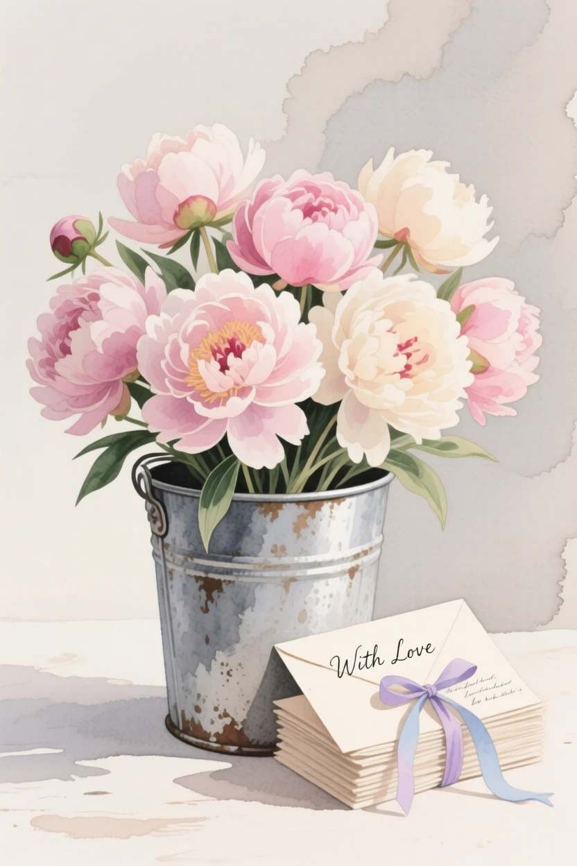 A bouquet of peonies in soft, layered tones fills a rustic tin bucket beside a stack of handwritten letters, petals catching the gentle light