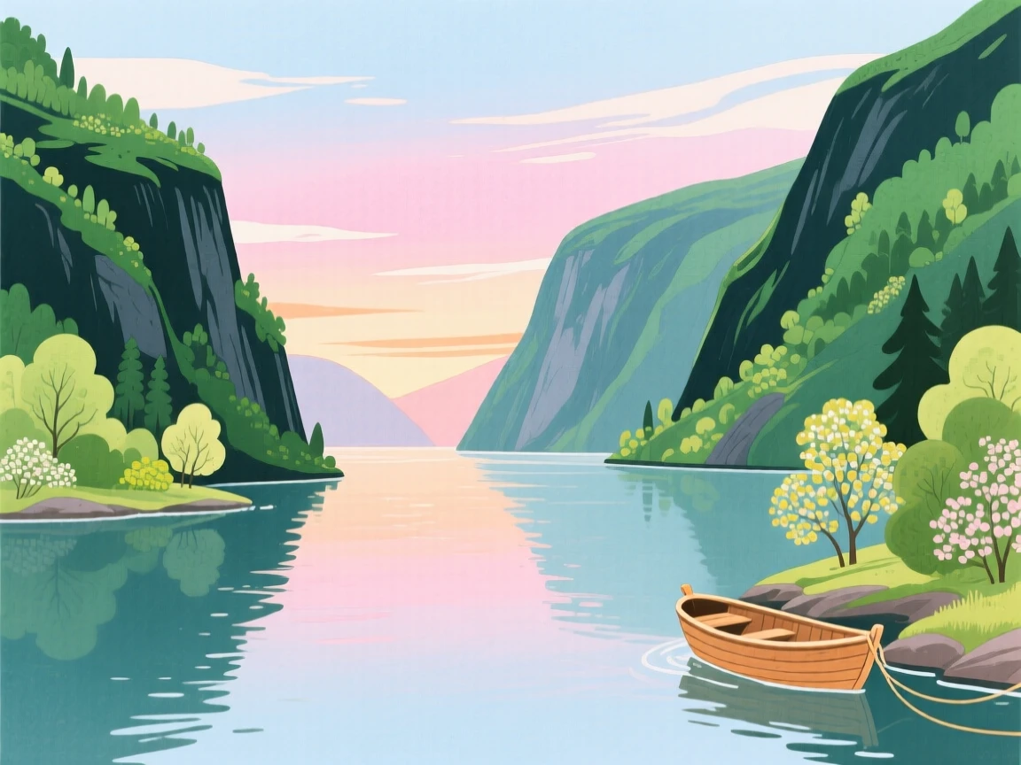 A panoramic scene of a quiet fjord between steep green cliffs at first light in spring.